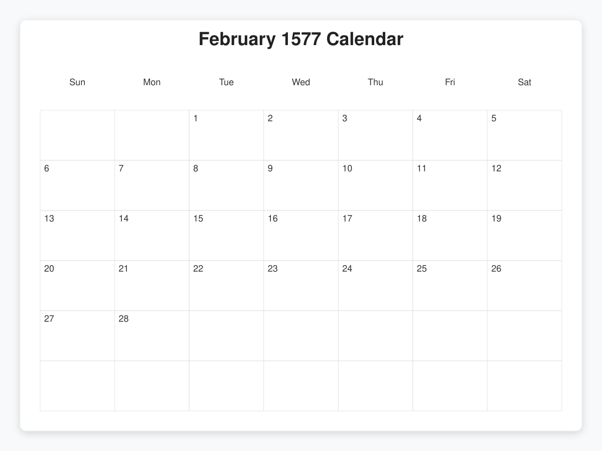 Printable February 1577 Calendars