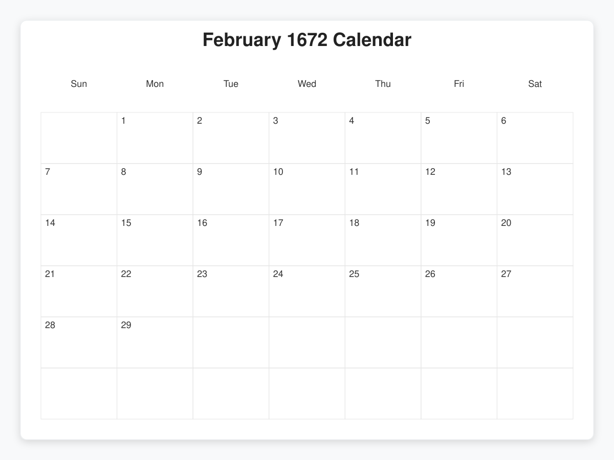 Printable February 1672 Calendars