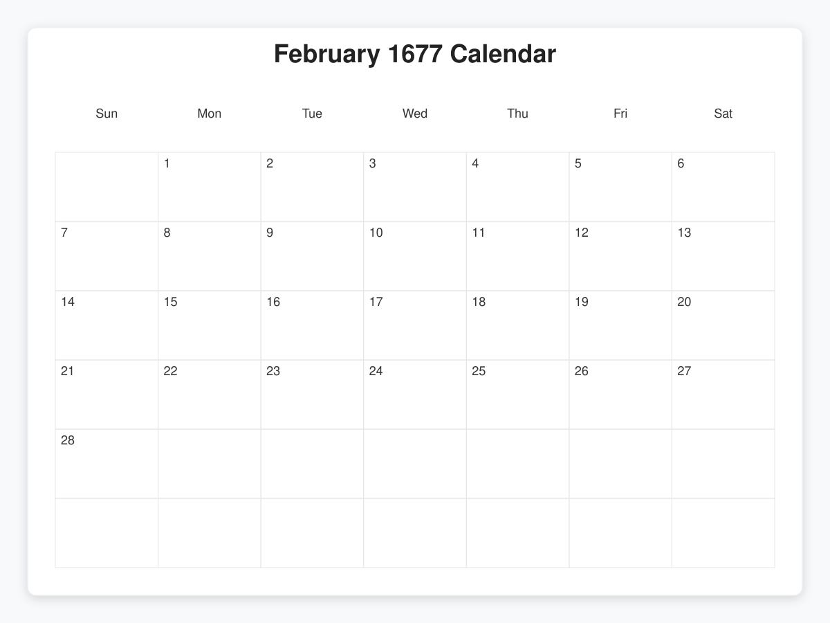 Printable February 1677 Calendars