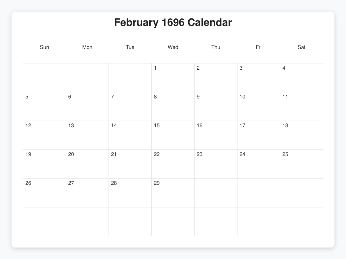 Printable February 1696 Calendars
