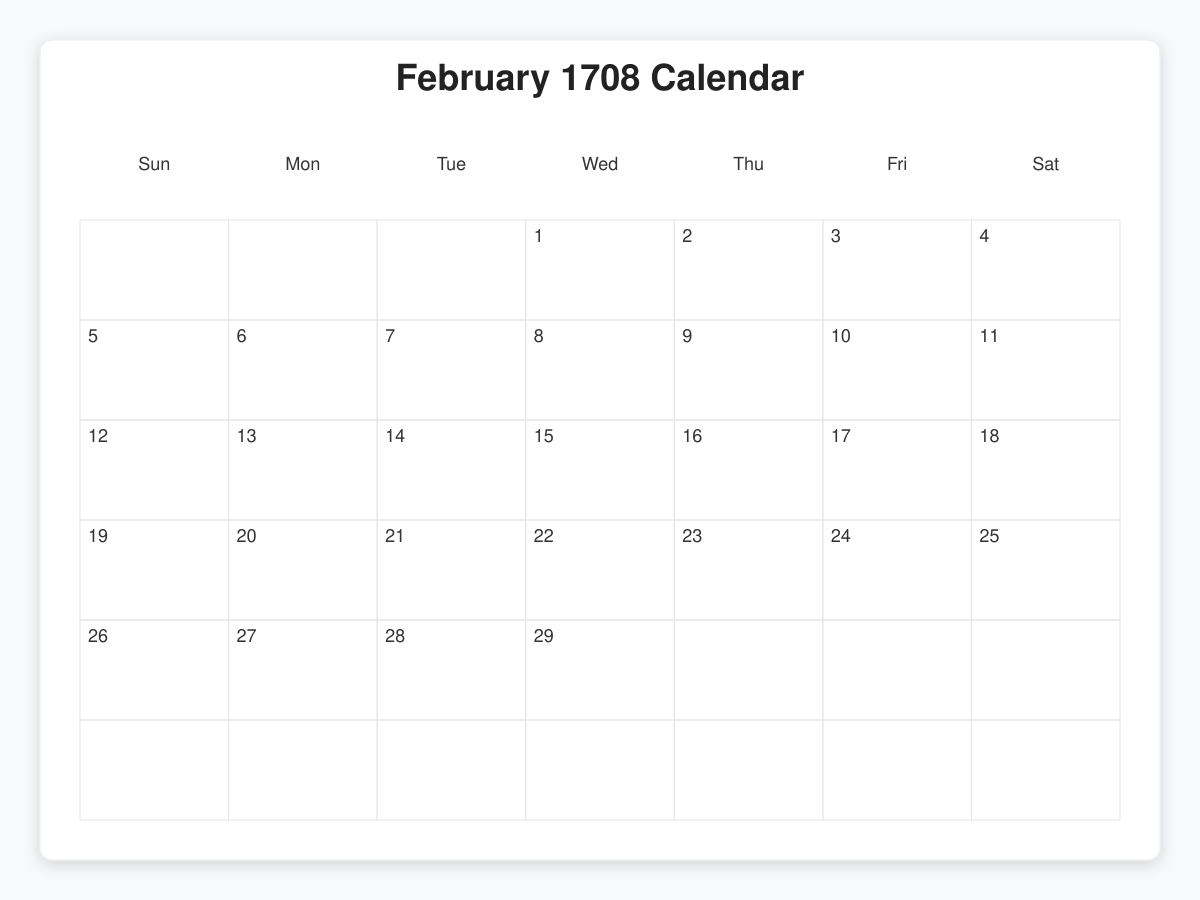 Printable February 1708 Calendars