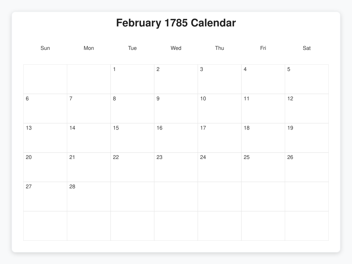 Printable February 1785 Calendars