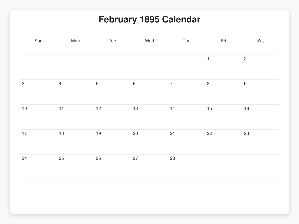 Printable February 1895 Calendars