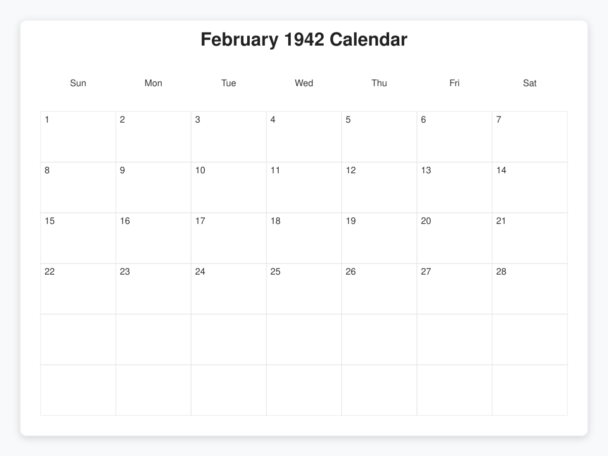 Printable February 1942 Calendars