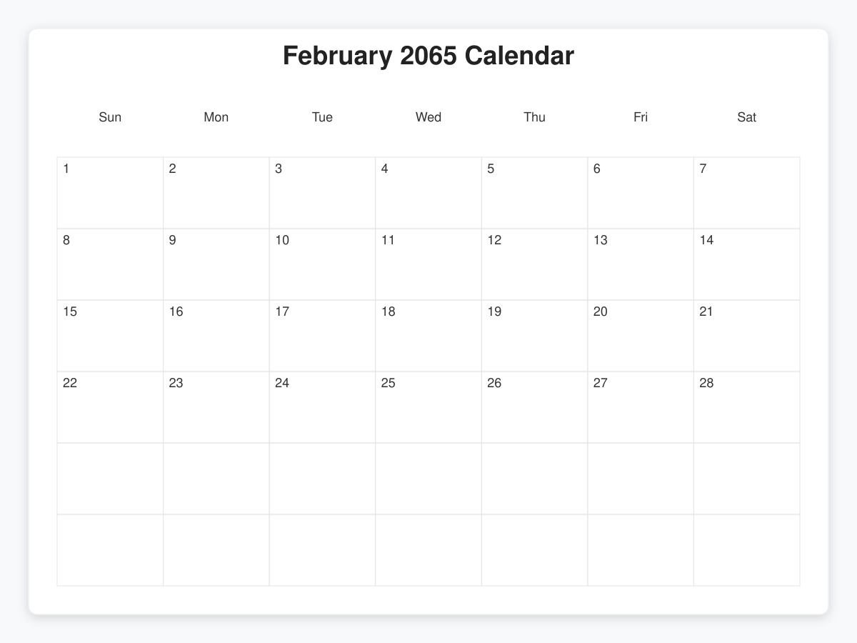 Printable February 2065 Calendars