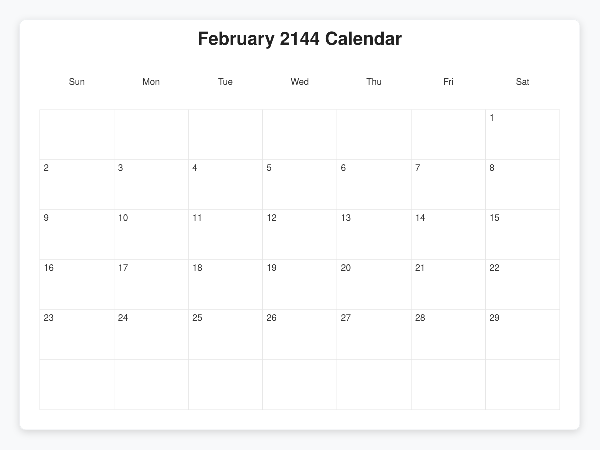 Printable February 2144 Calendars