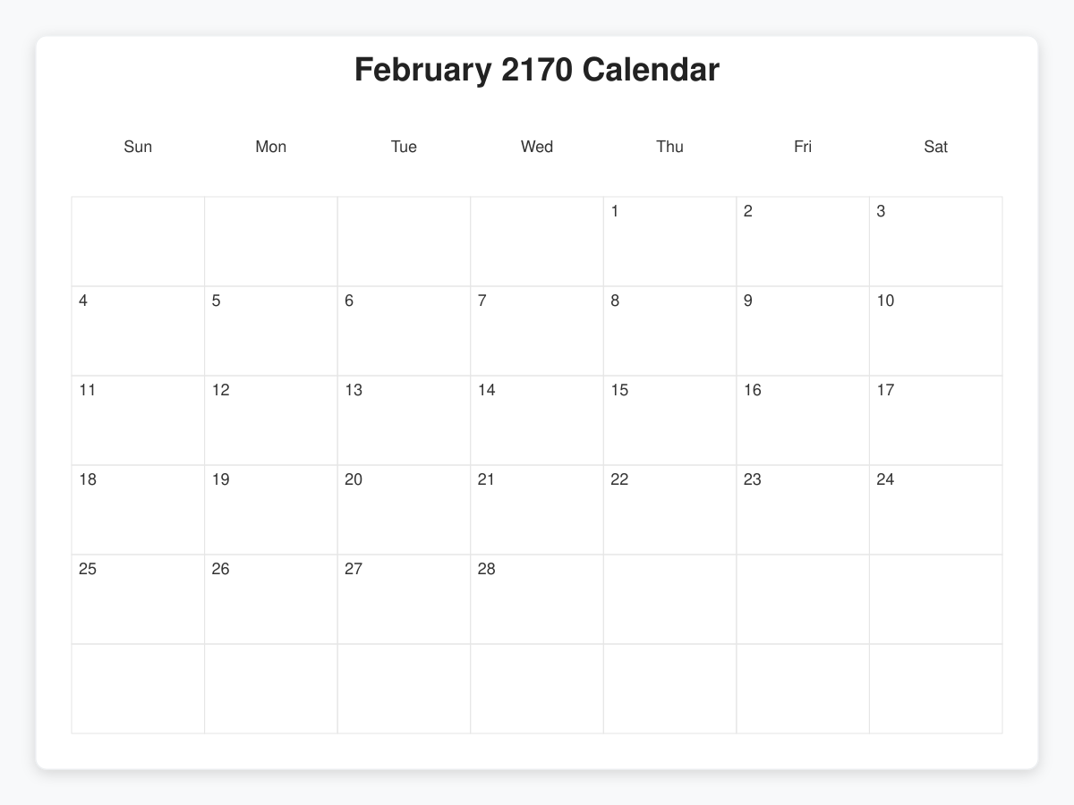 Printable February 2170 Calendars