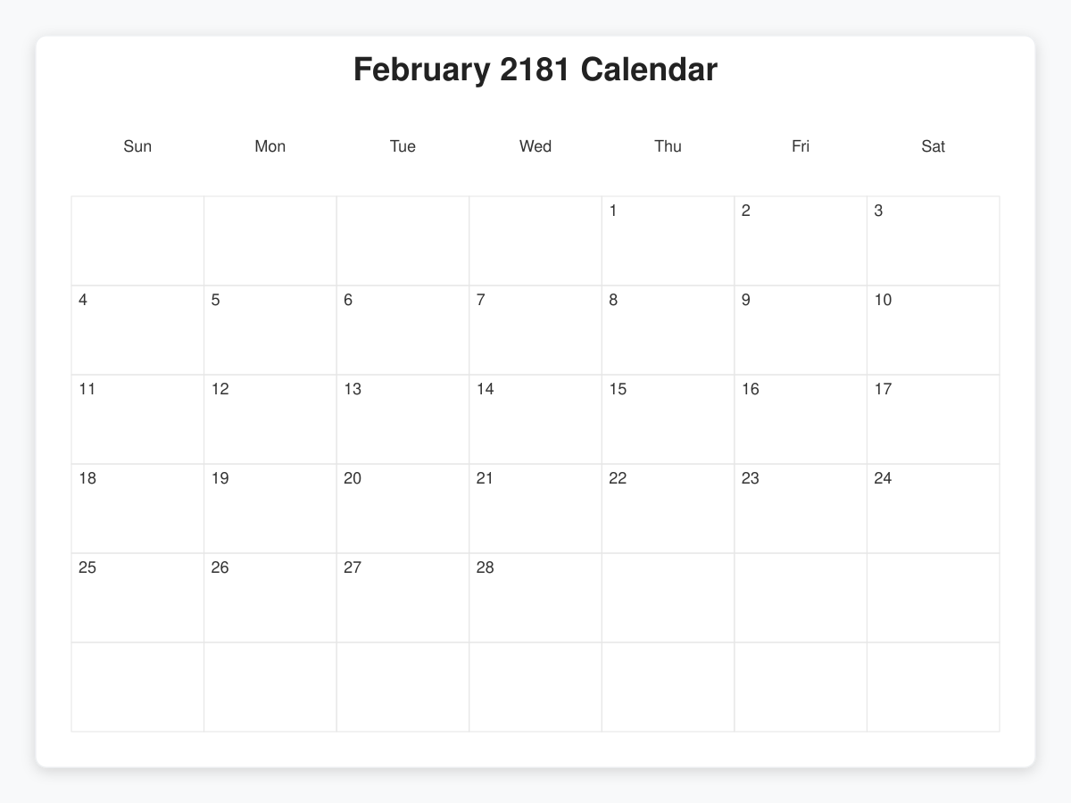 Printable February 2181 Calendars