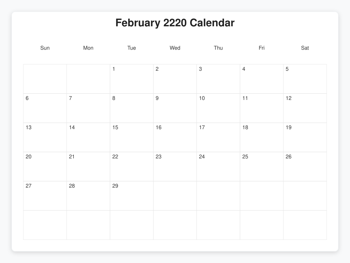 Printable February 2220 Calendars