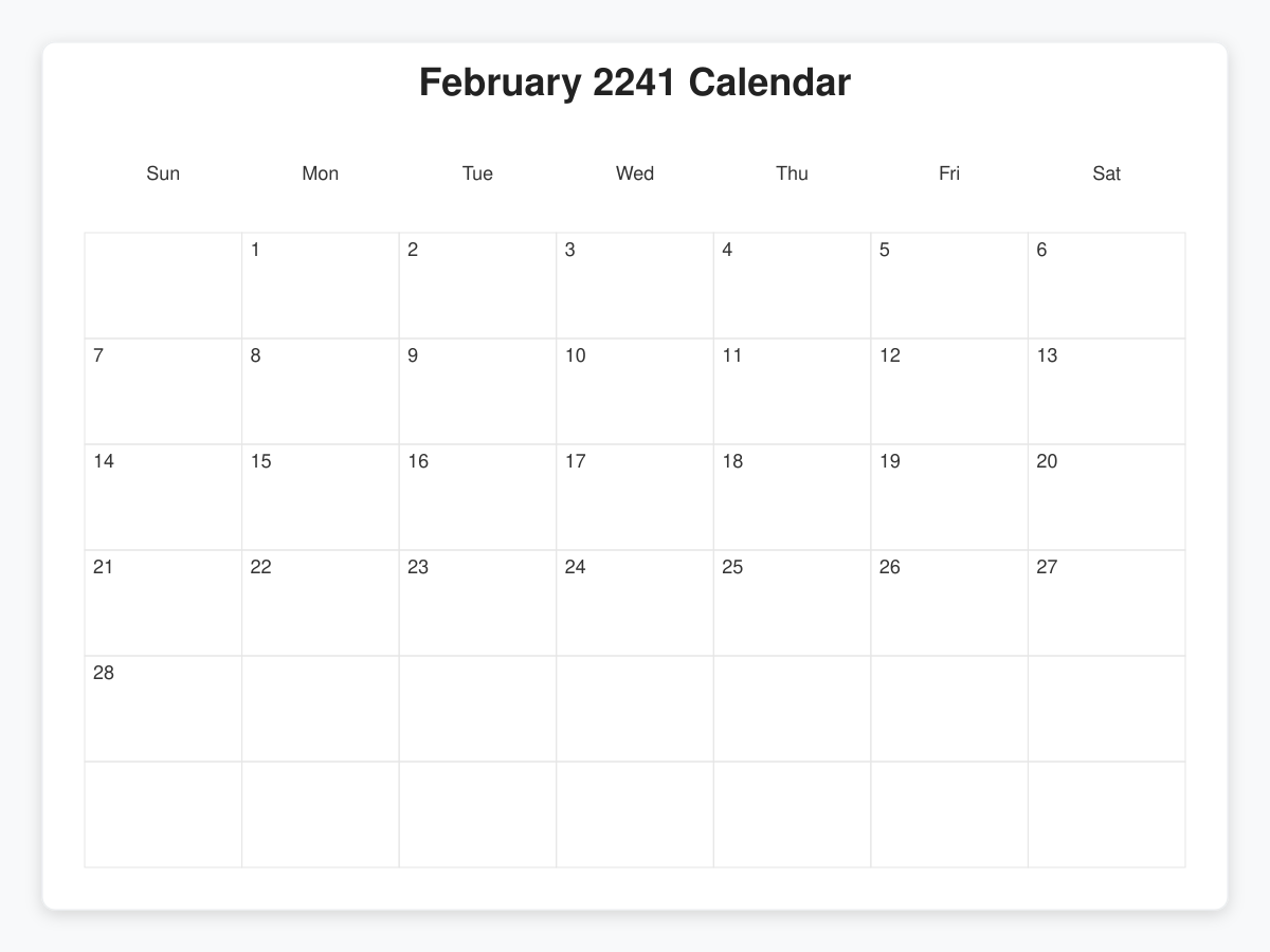 Printable February 2241 Calendars