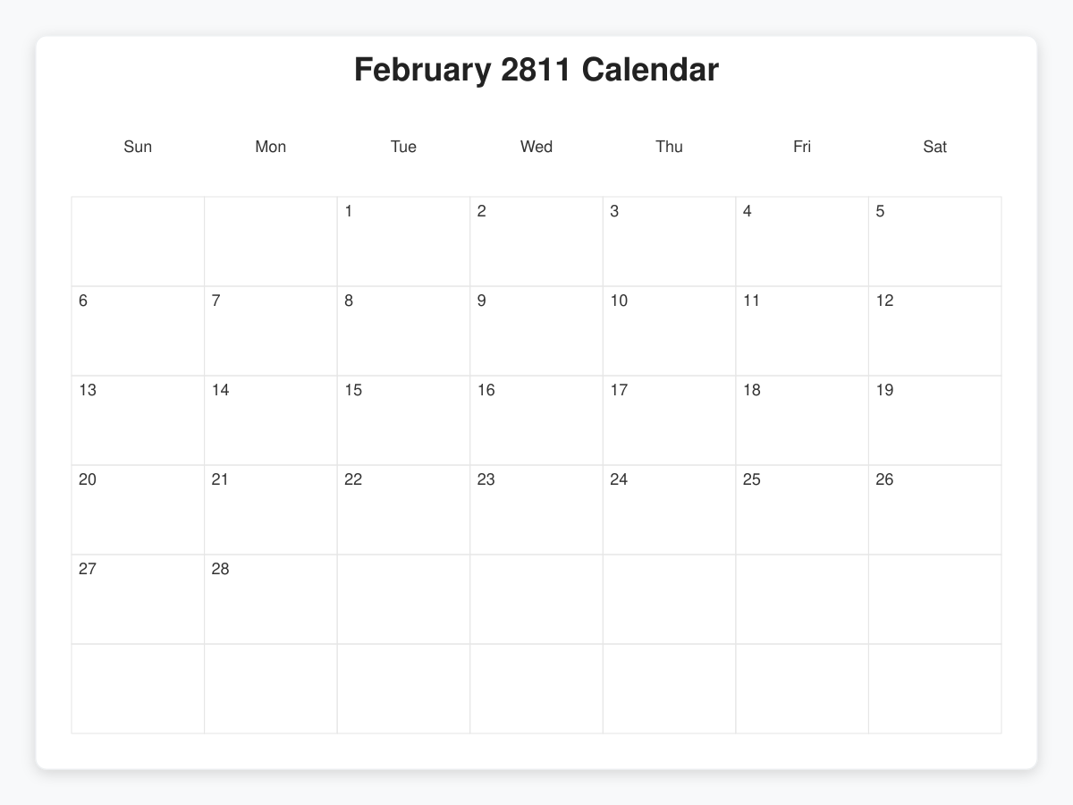 Printable February 2811 Calendars