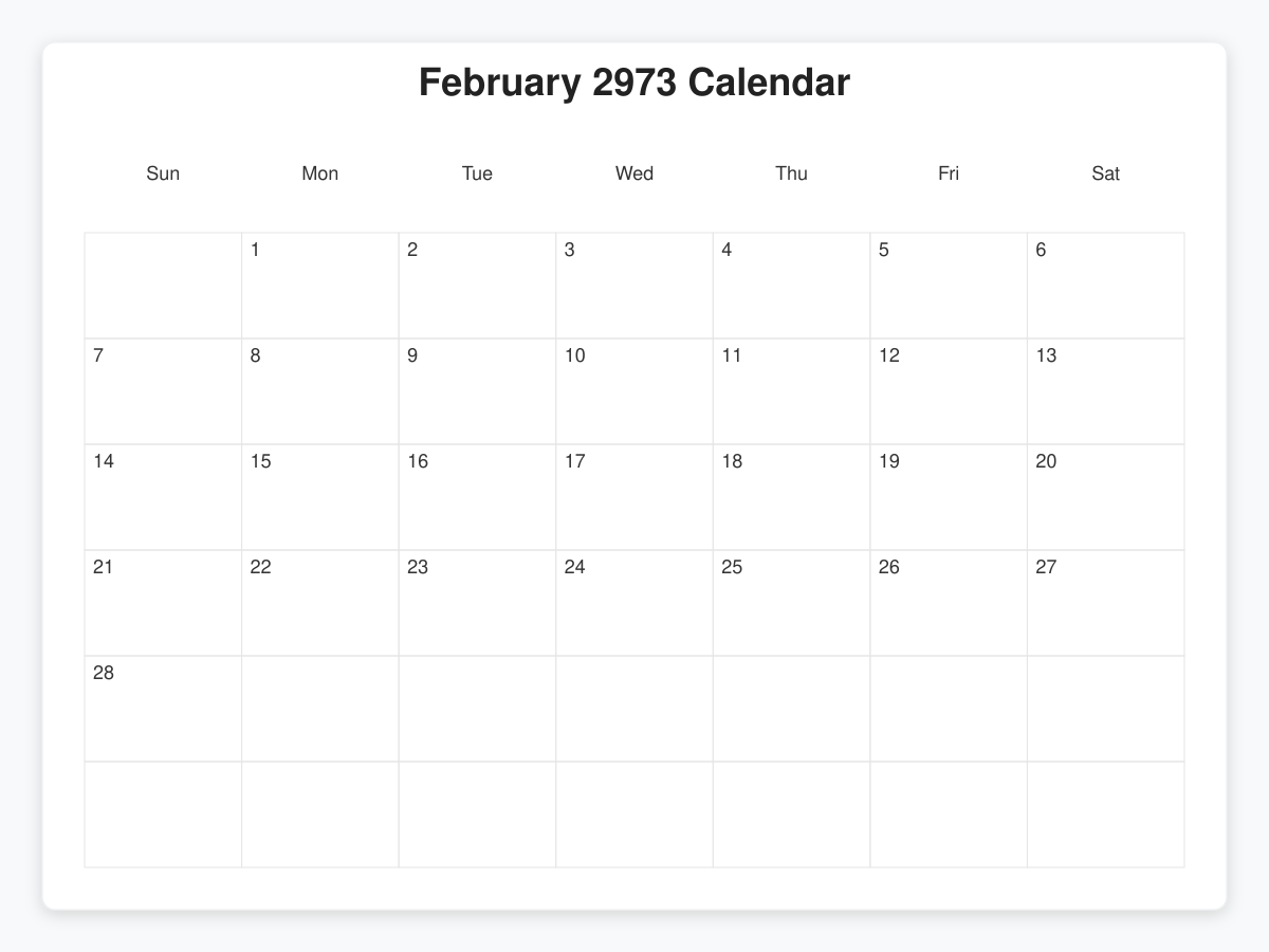 Printable February 2973 Calendars