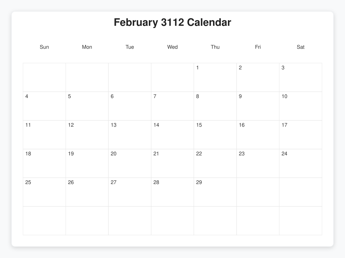 Printable February 3112 Calendars