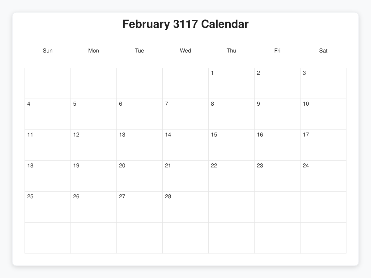 Printable February 3117 Calendars