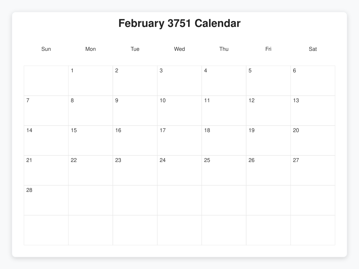 Printable February 3751 Calendars