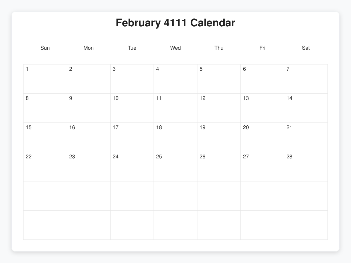 Printable February 4111 Calendars
