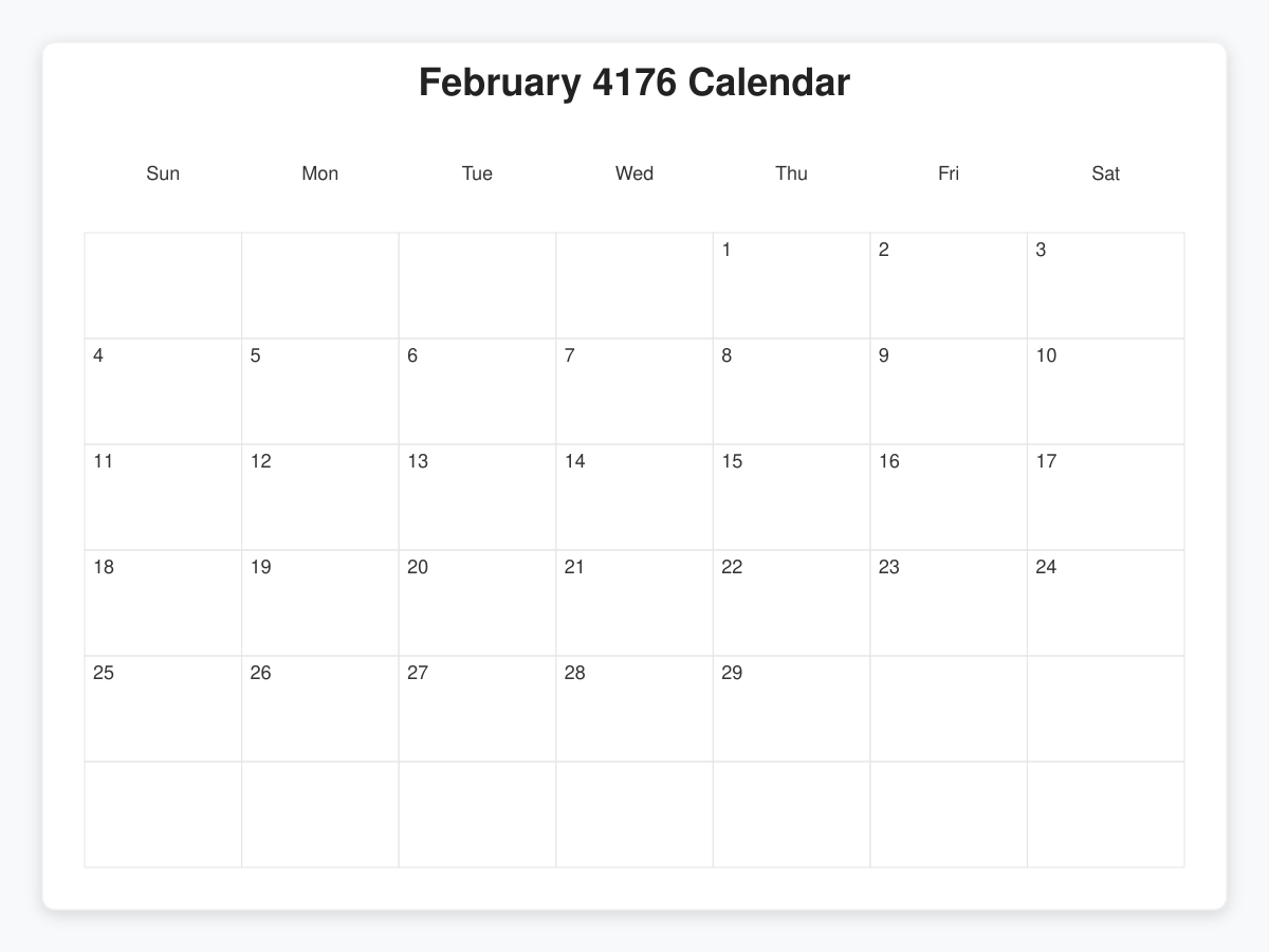 Printable February 4176 Calendars