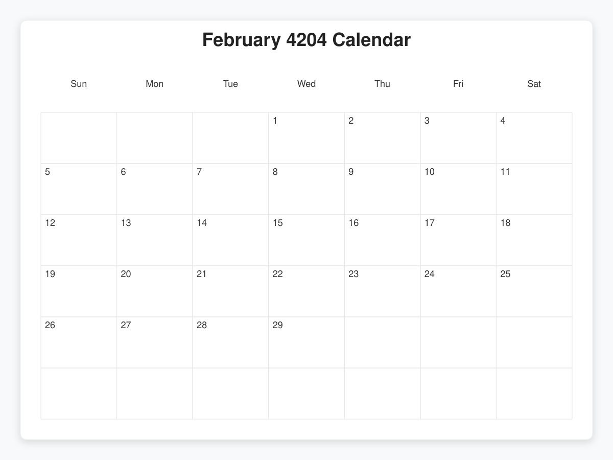 Printable February 4204 Calendars