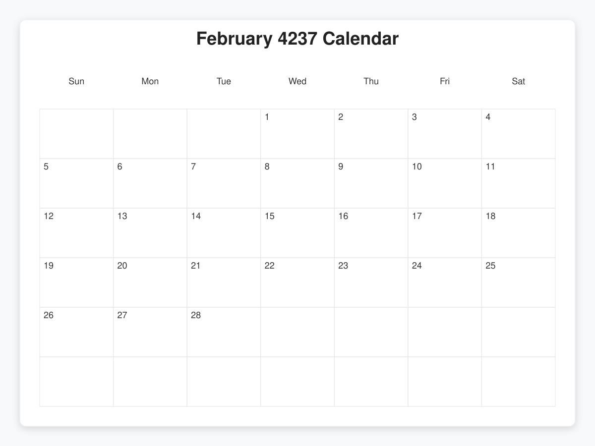 Printable February 4237 Calendars