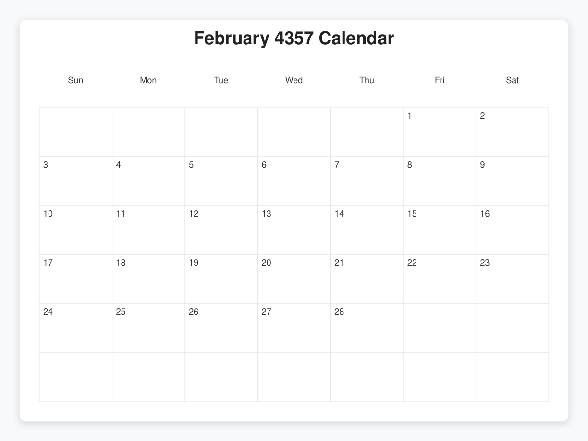 Printable February 4357 Calendars