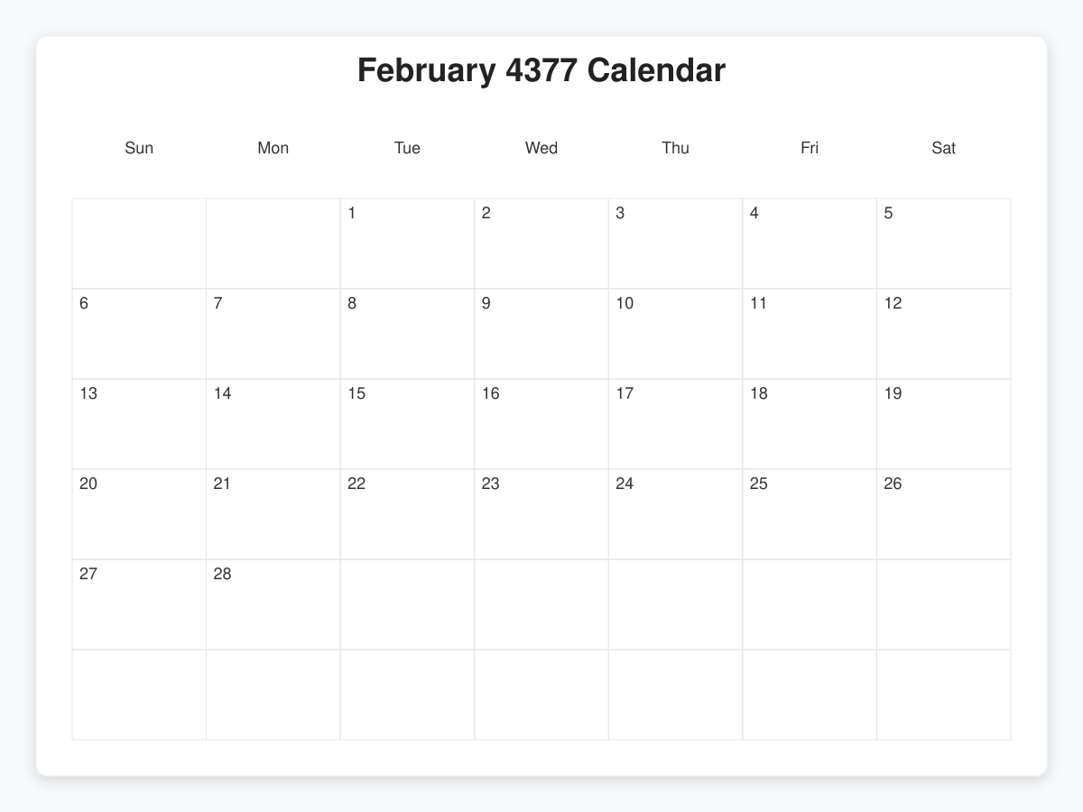 Printable February 4377 Calendars