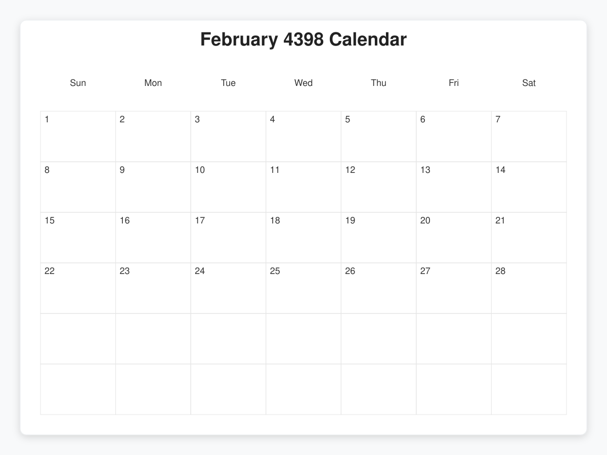 Printable February 4398 Calendars