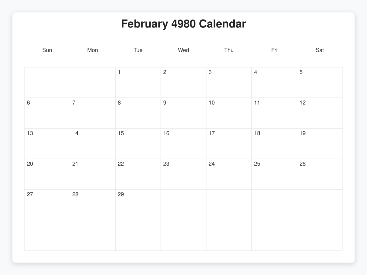 Printable February 4980 Calendars