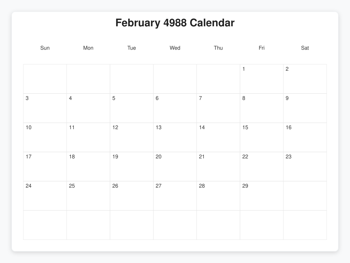 Printable February 4988 Calendars