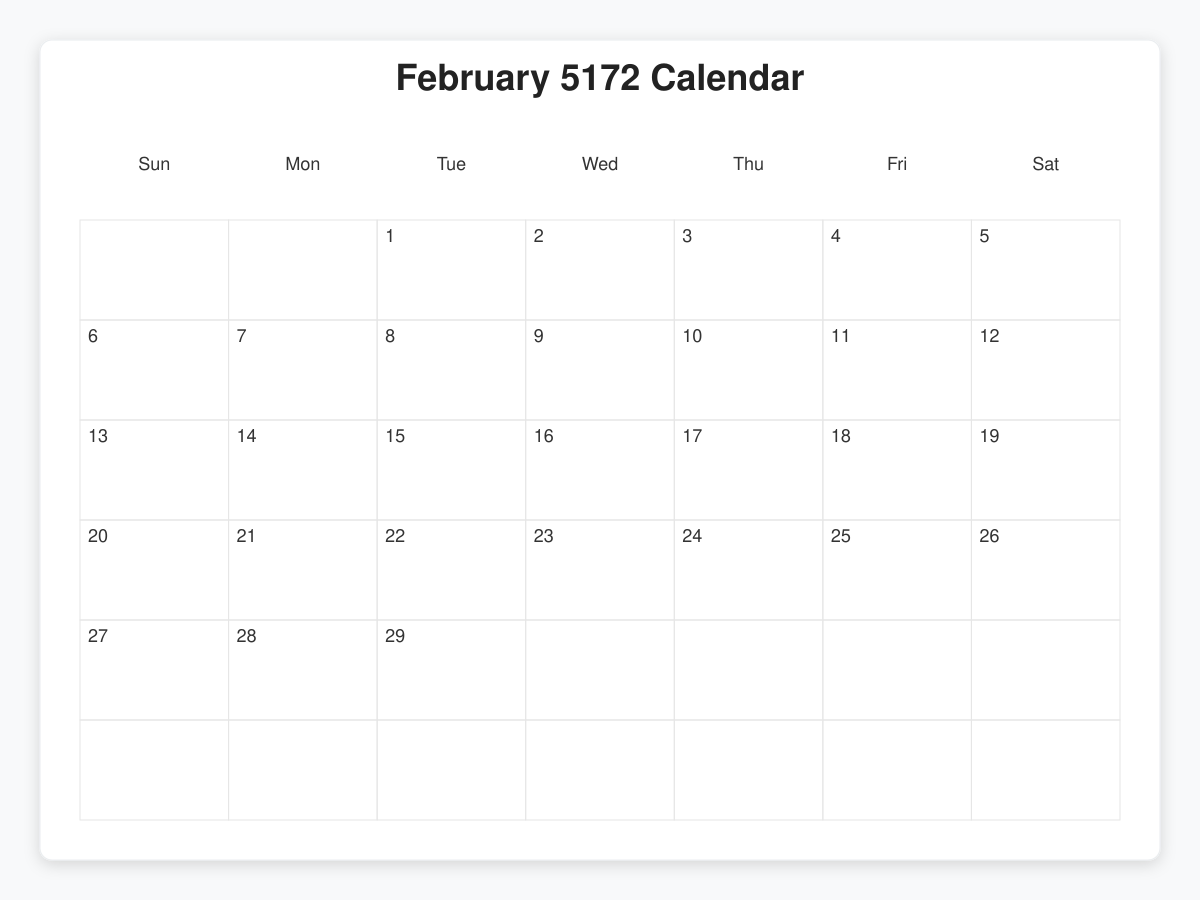Printable February 5172 Calendars