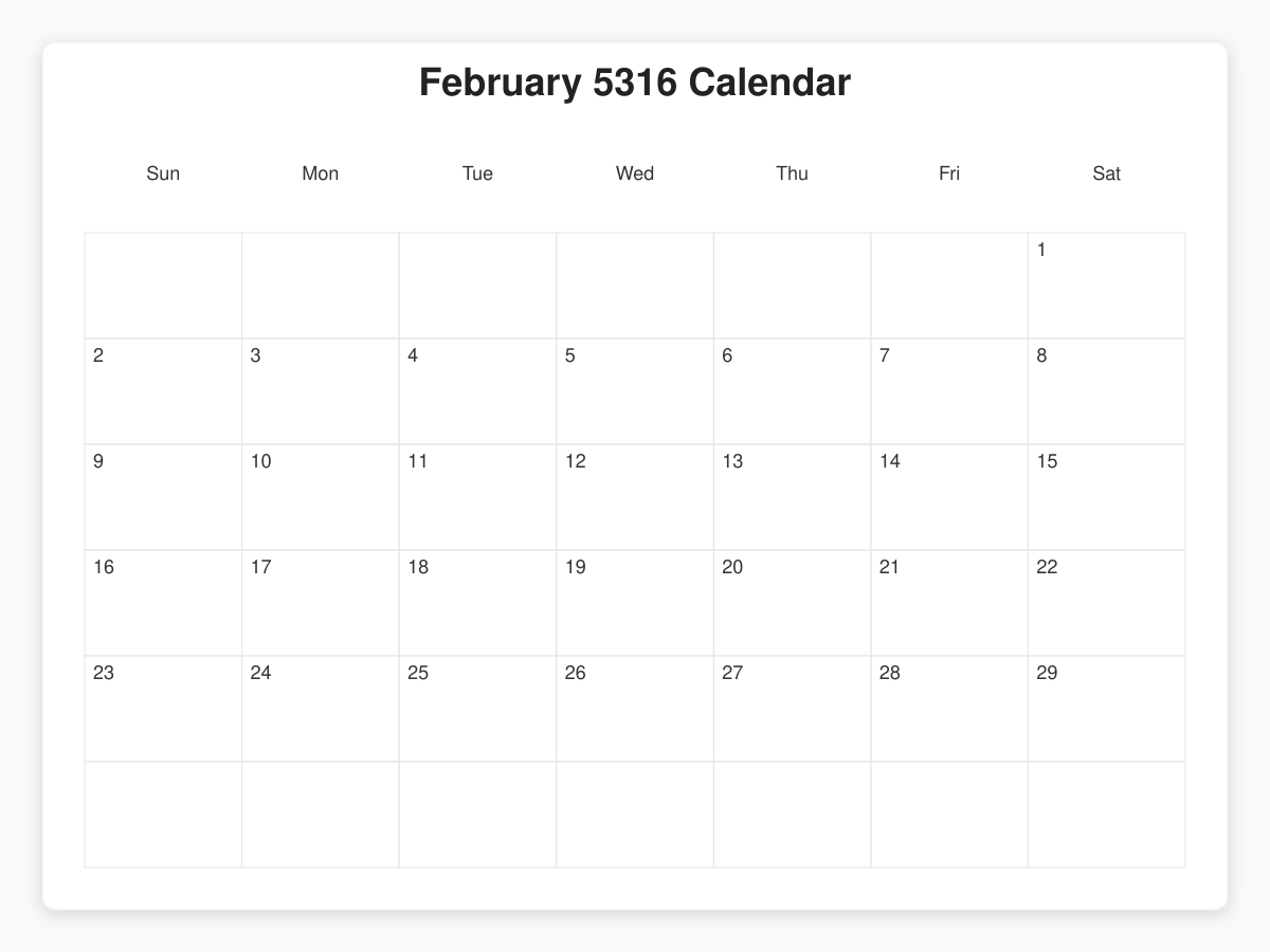 Printable February 5316 Calendars