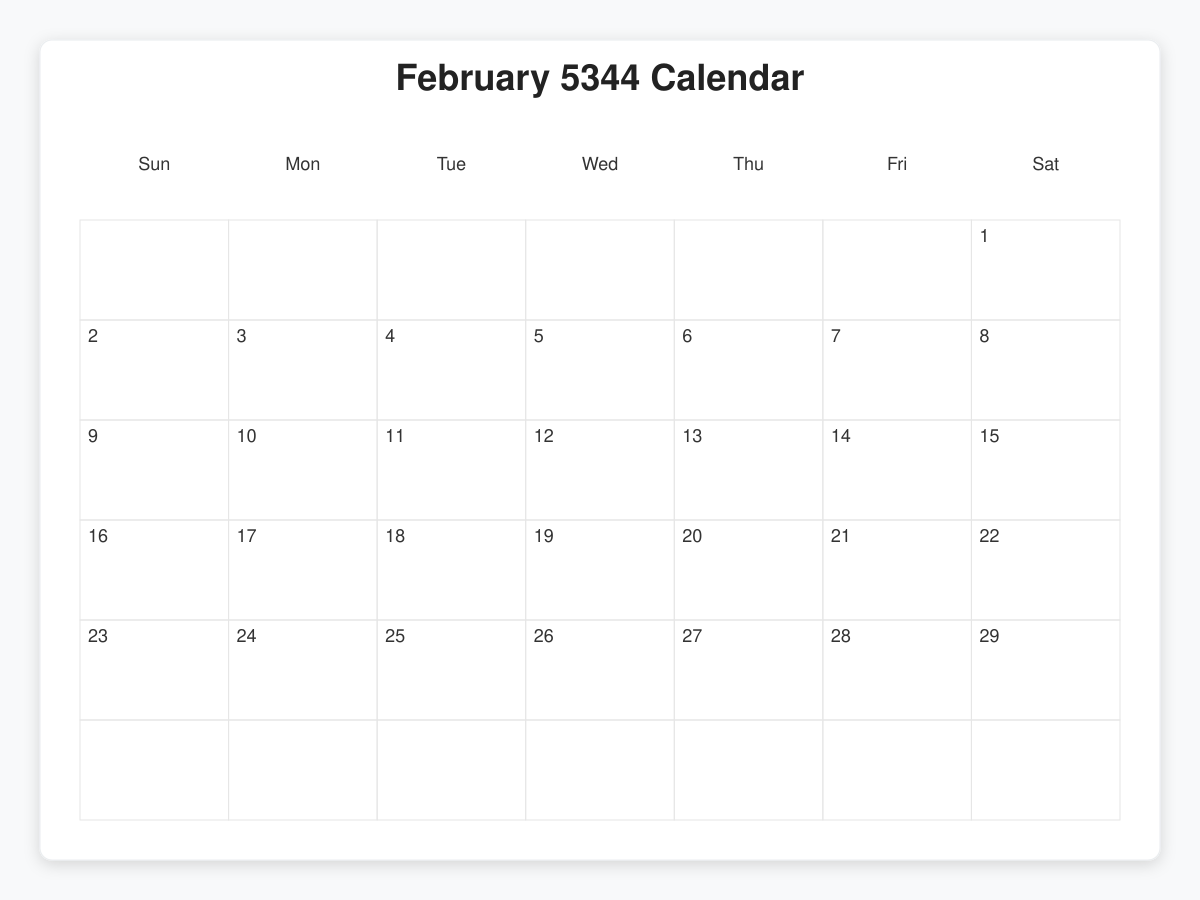 Printable February 5344 Calendars