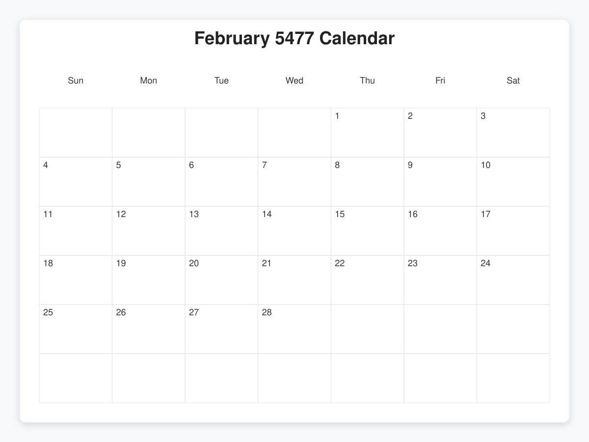 Printable February 5477 Calendars