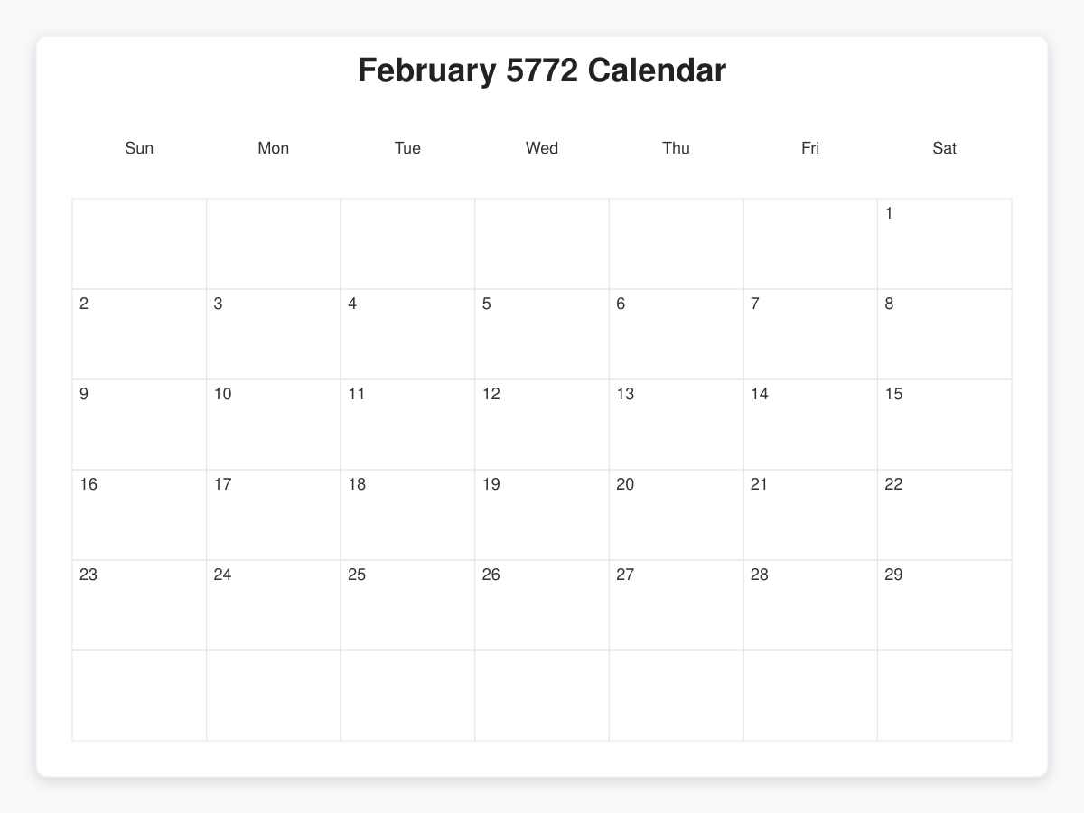 Printable February 5772 Calendars