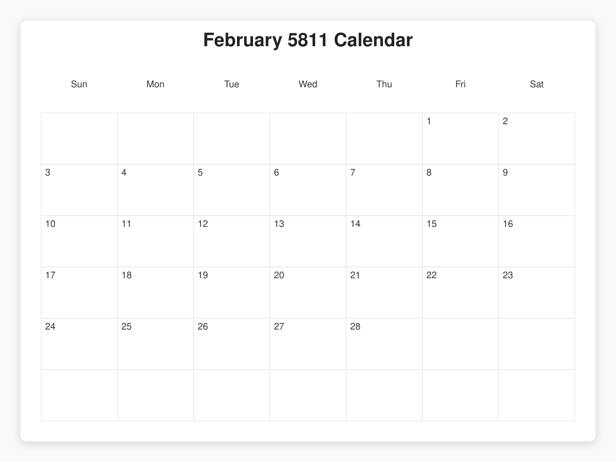 Printable February 5811 Calendars