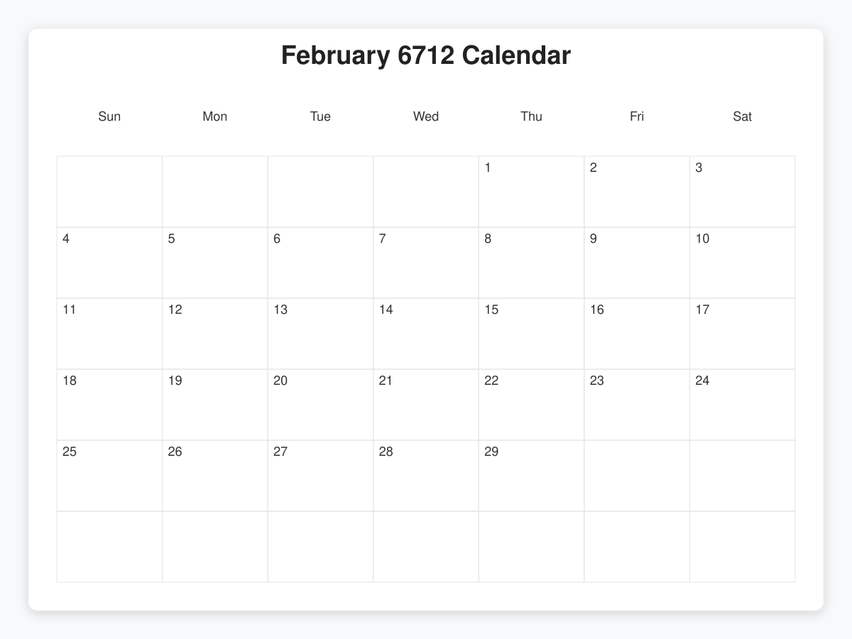Printable February 6712 Calendars