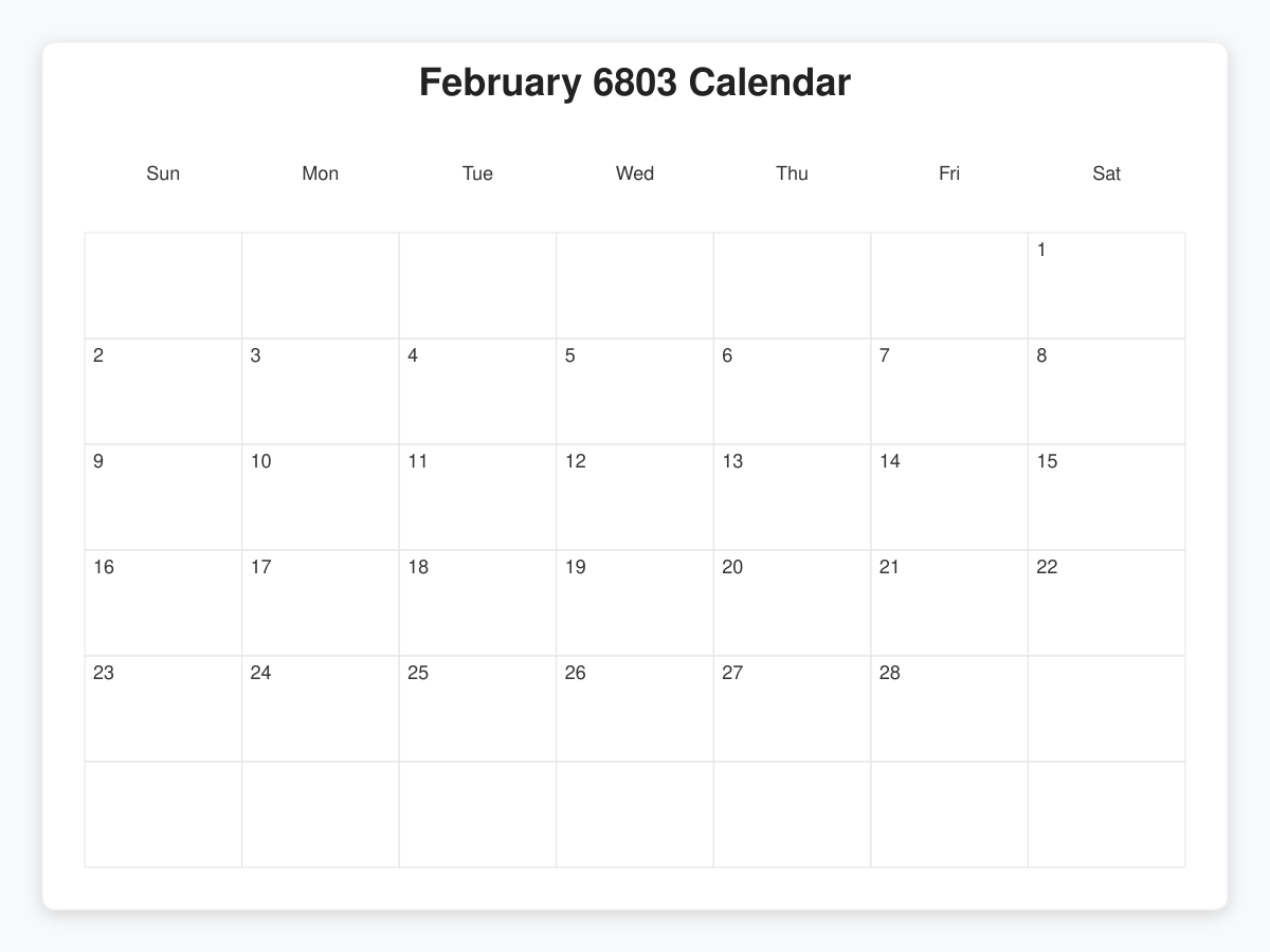 Printable February 6803 Calendars