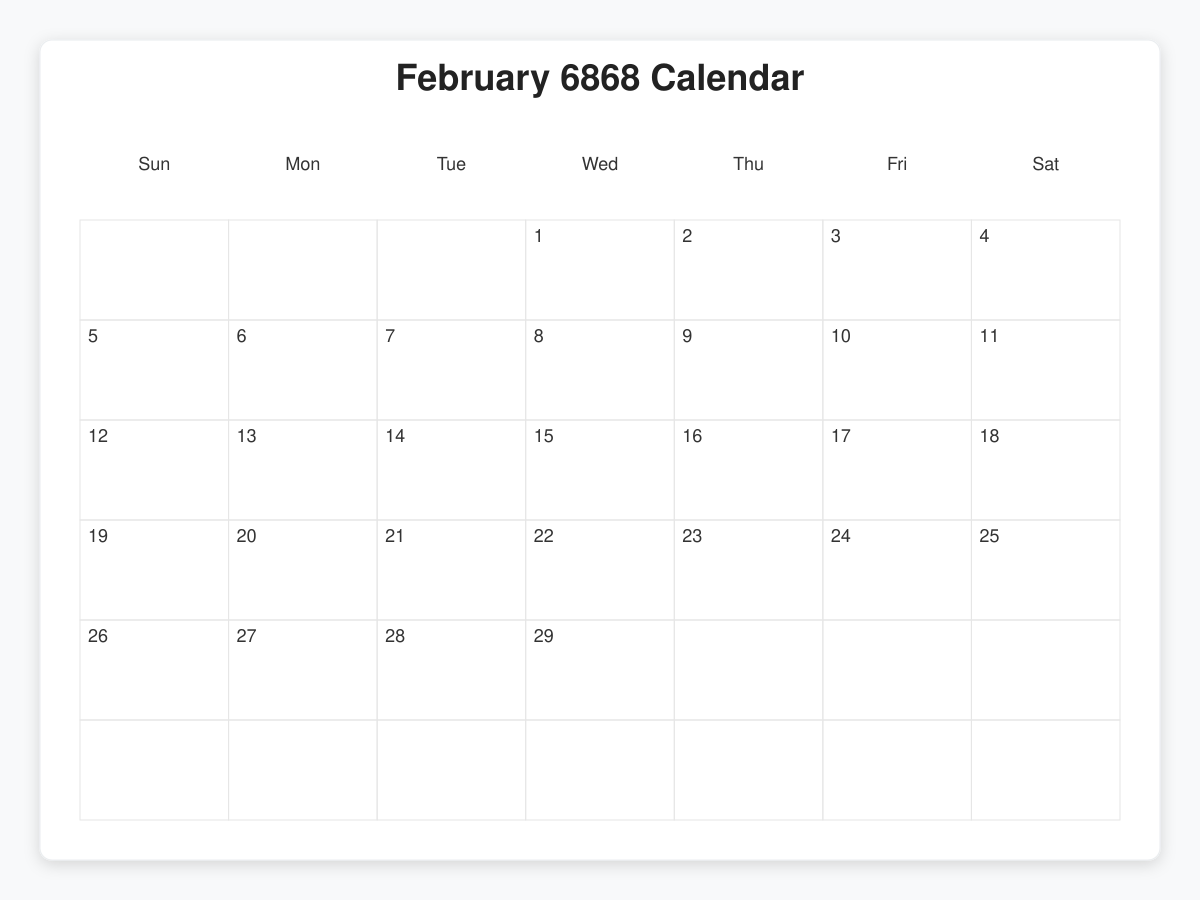 Printable February 6868 Calendars
