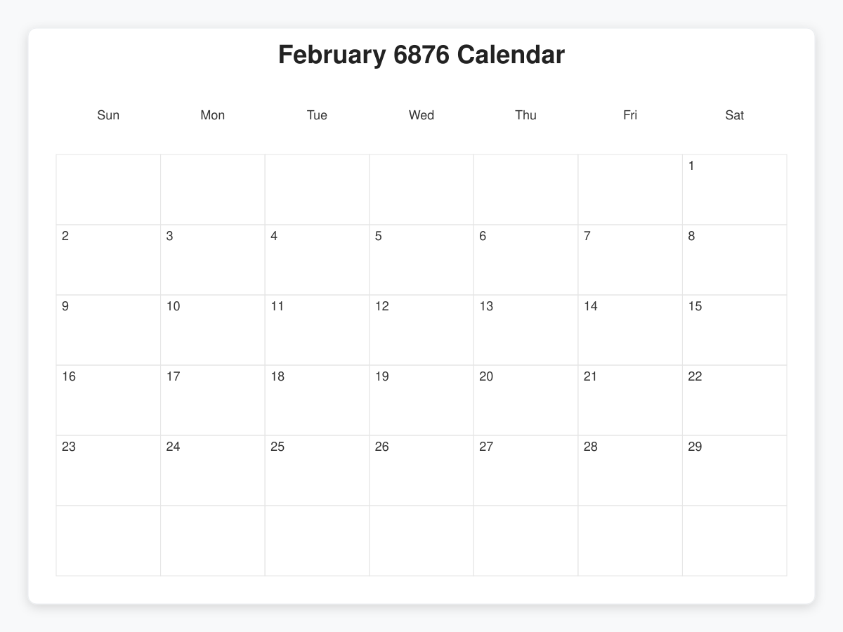 Printable February 6876 Calendars