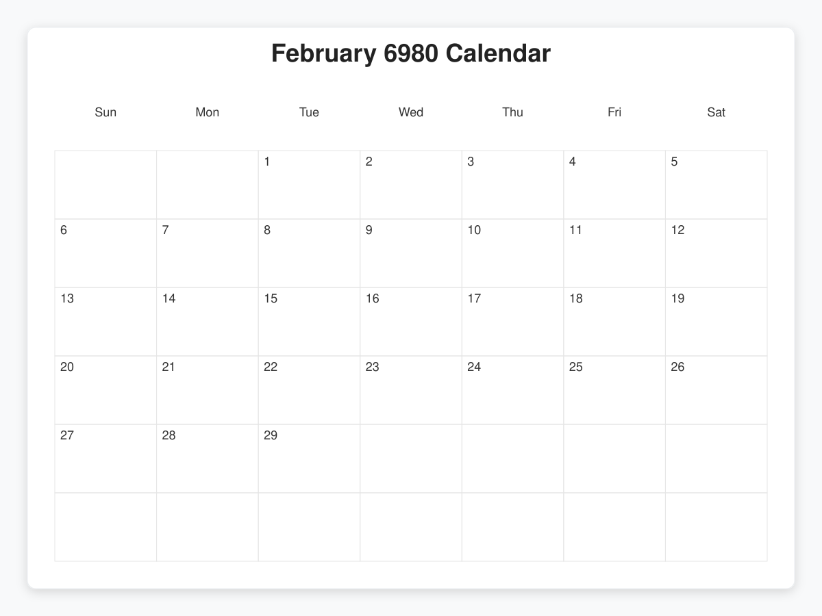 Printable February 6980 Calendars