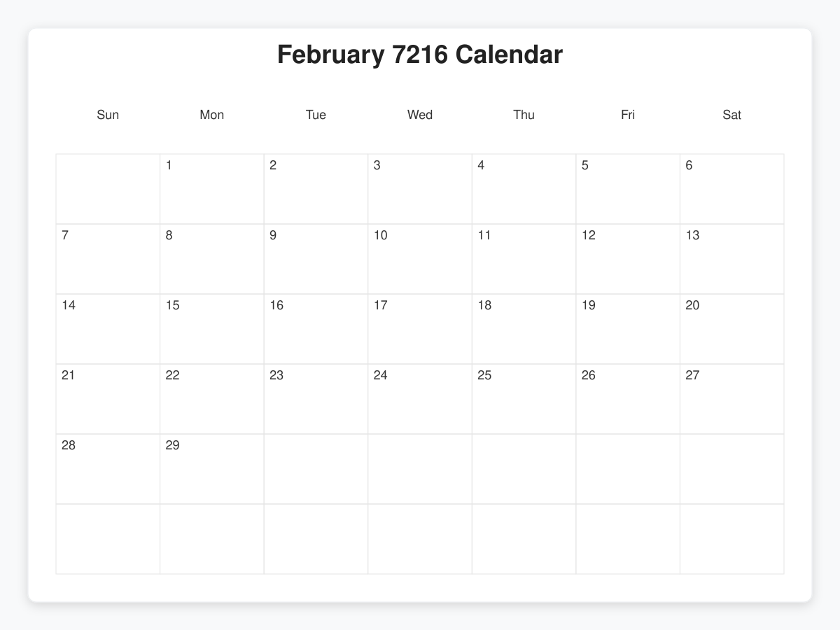 Printable February 7216 Calendars