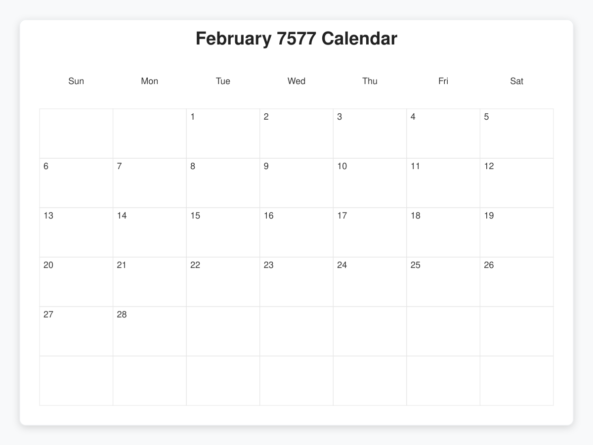 Printable February 7577 Calendars