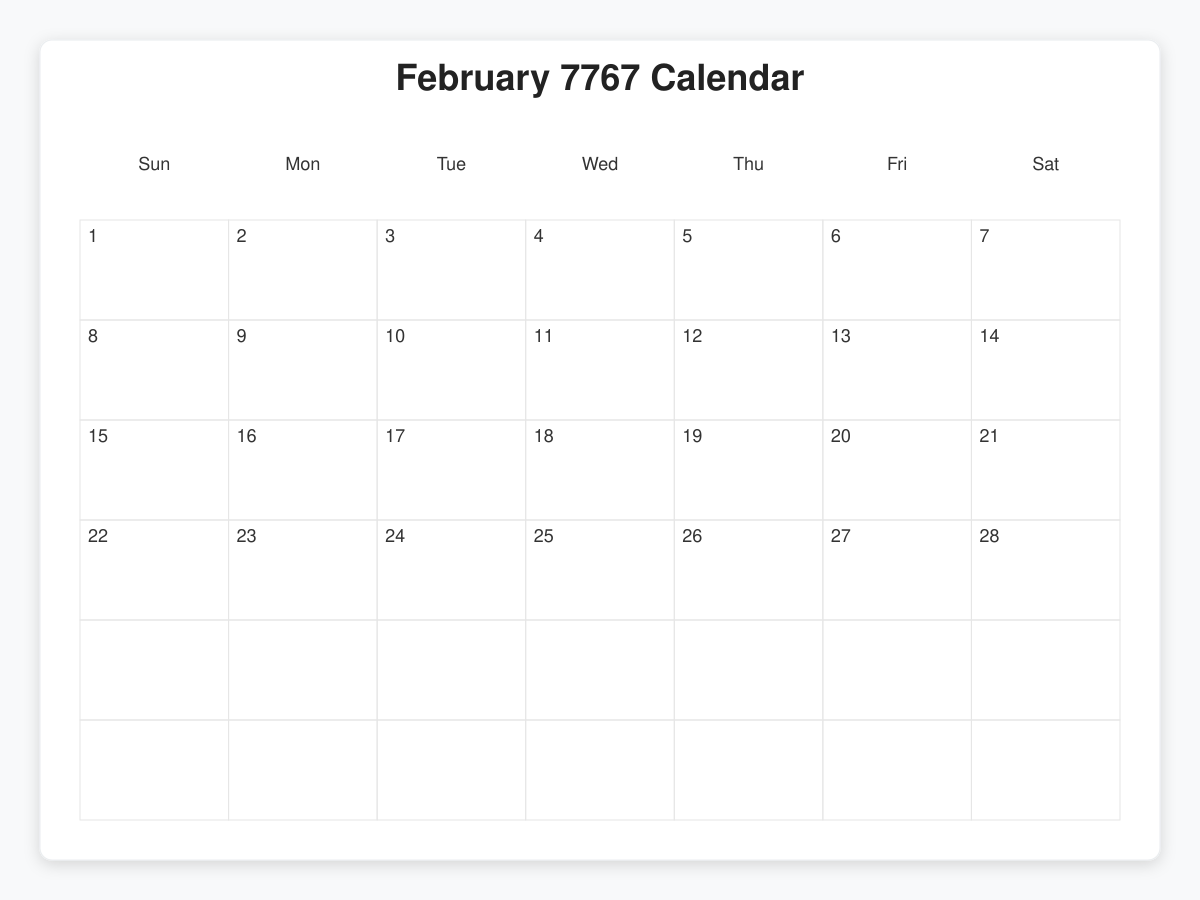 Printable February 7767 Calendars