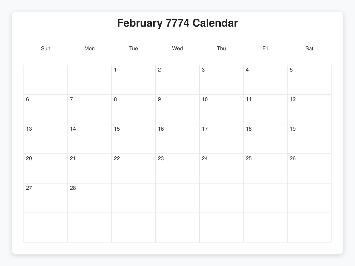 Printable February 7774 Calendars