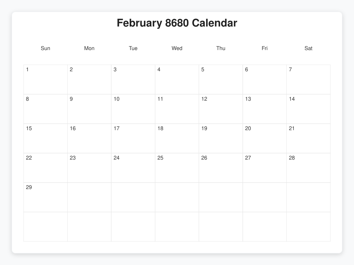 Printable February 8680 Calendars
