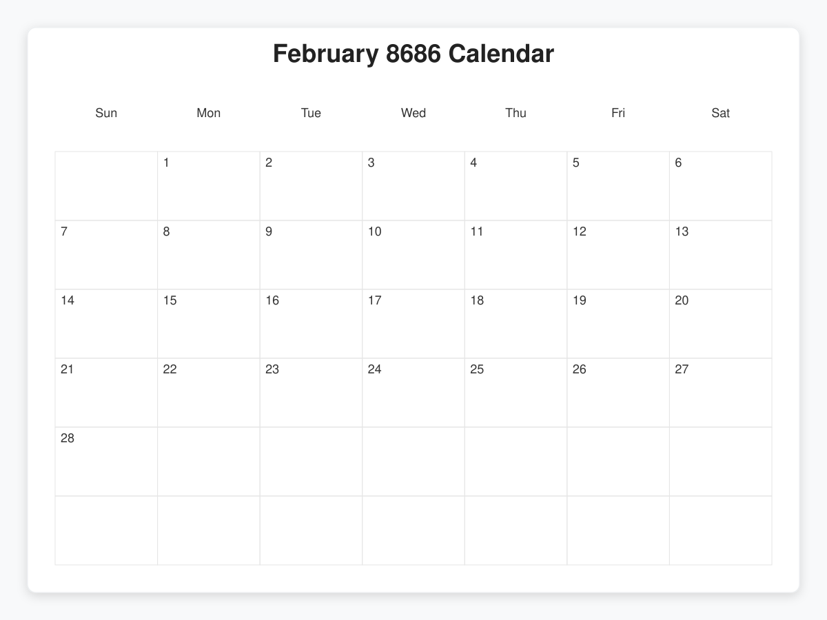 Printable February 8686 Calendars