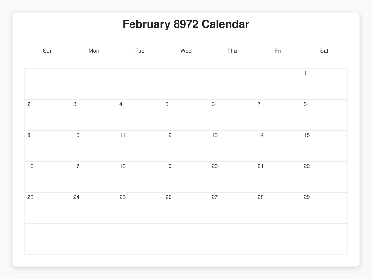Printable February 8972 Calendars
