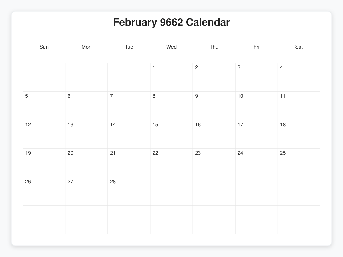 Printable February 9662 Calendars
