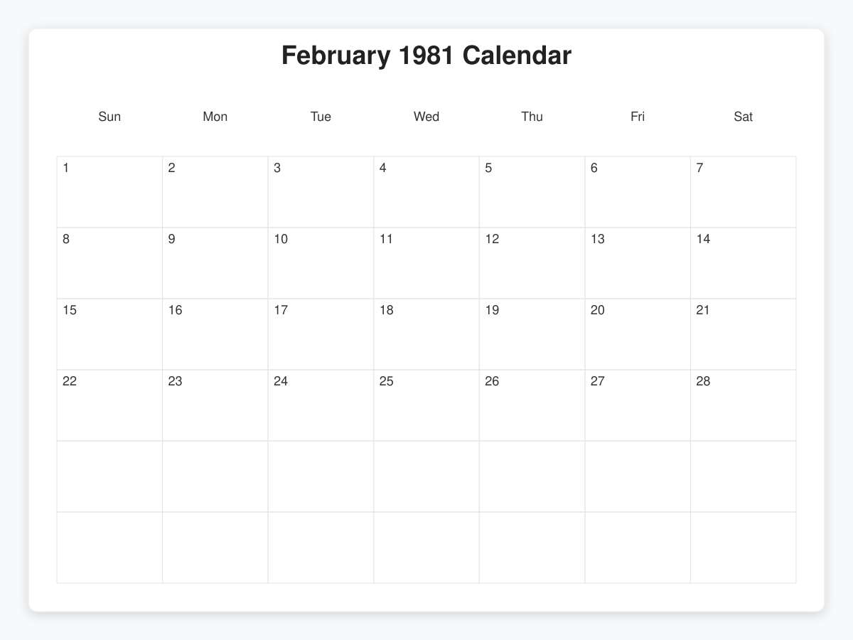 Printable February 1981 Calendars