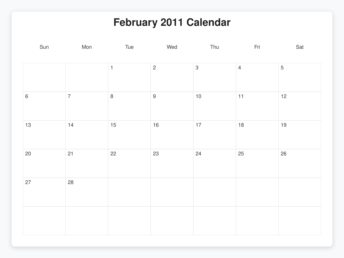 Printable February 2011 Calendars