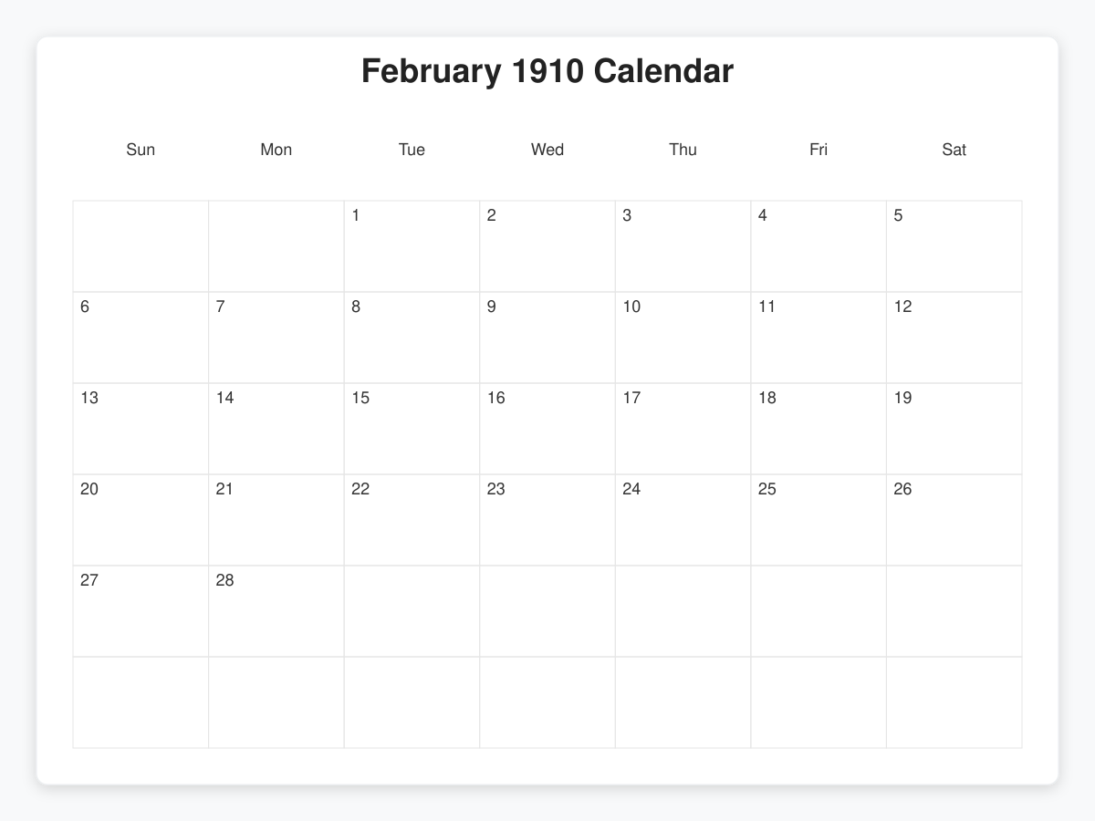 Printable February 1910 Calendars